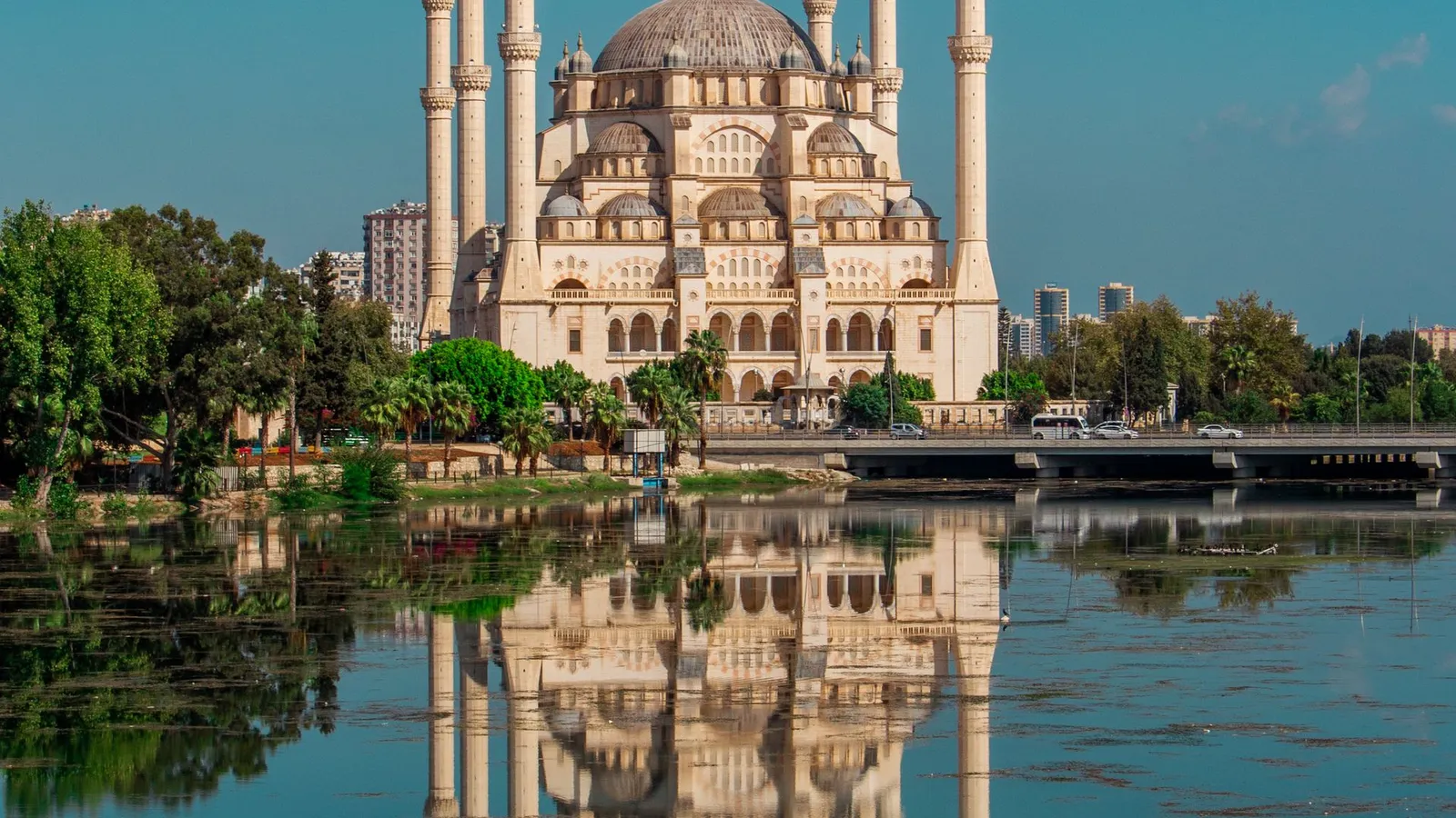 Sabanci Central Mosque reflected in the Seyhan River, Adana