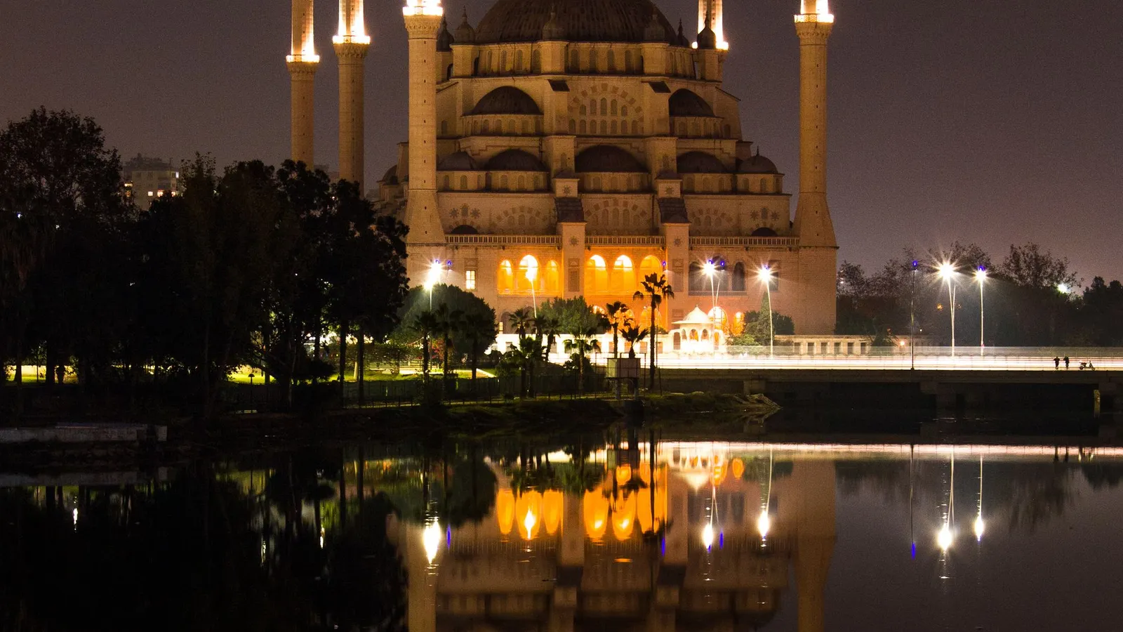 Sabanci Central Mosque and its river reflection at night, Adana