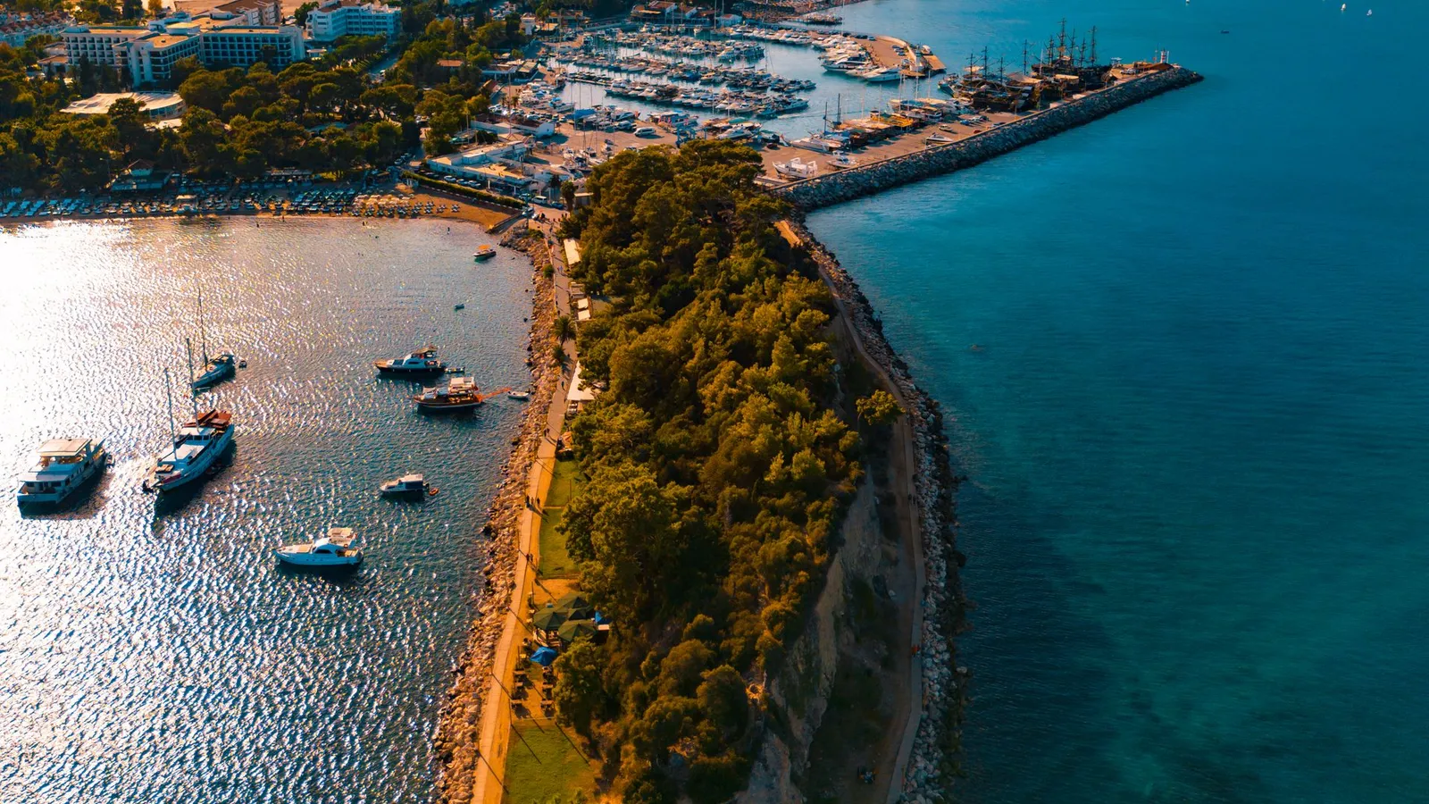 Aerial view of Kemer marina with the Taurus Mountains behind, Antalya