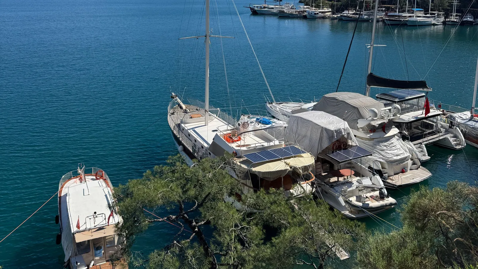 Boats anchored in the green bays of Gocek