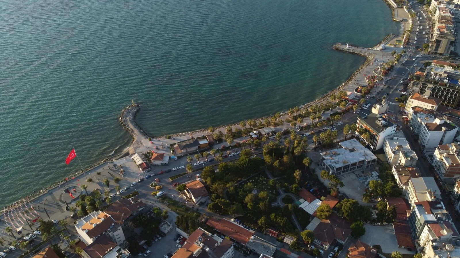 Aerial view of the Kusadasi waterfront and harbour