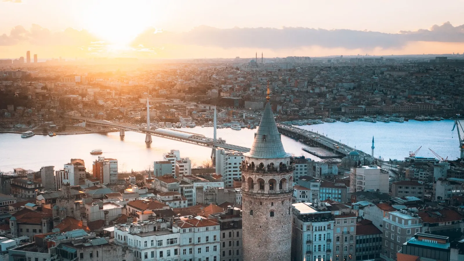 Aerial view of Istanbul and the Galata Tower at sunrise