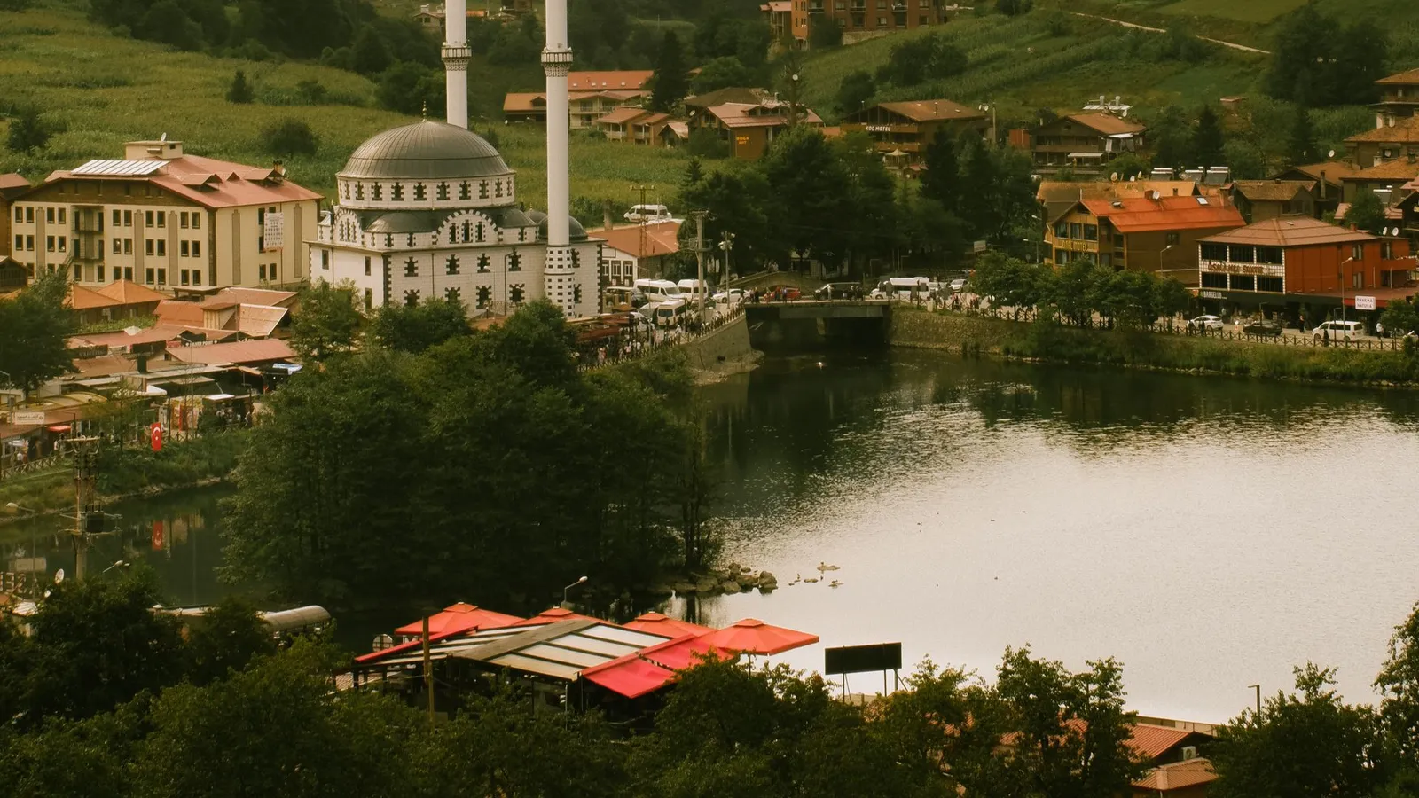 Uzungol mosque on the lakeshore ringed by mountains, Trabzon