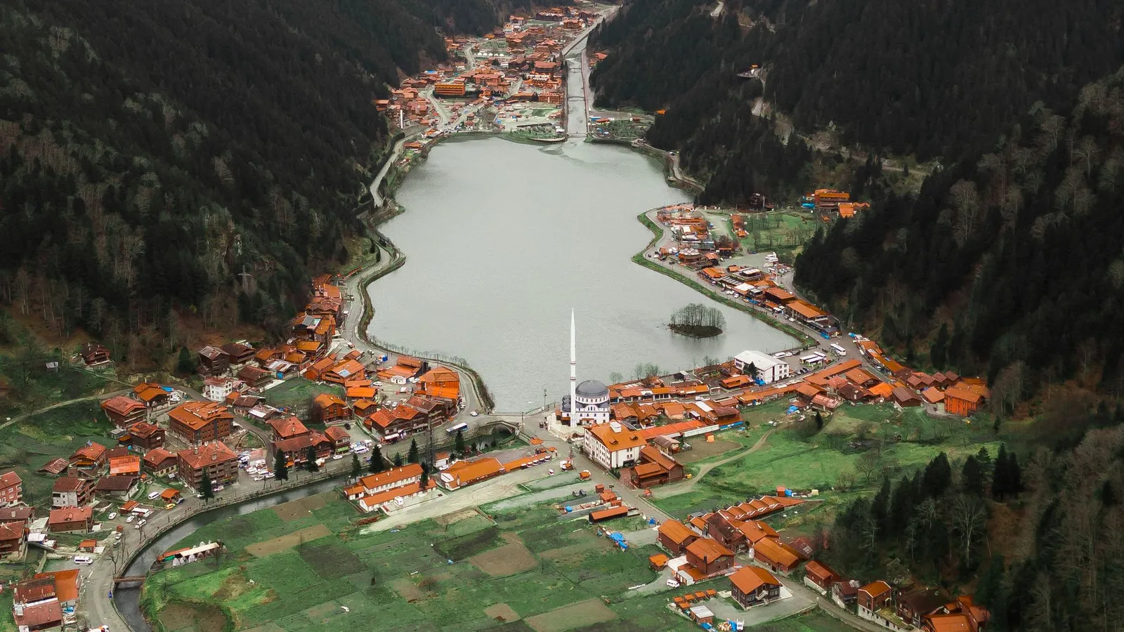 Aerial view of Uzungol lake and village in the Trabzon mountains
